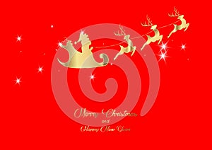 Merry Christmas and a Happy New Year, Santa Claus of gold with a reindeer flying, greeting card with Snowflakes