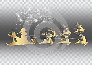Merry Christmas and a Happy New Year, Santa Claus of gold with a reindeer flying, greeting card with stars,
