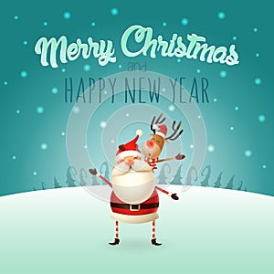 Merry Christmas and happy New Year - Santa Claus holding Reindeer on his beck - cute illustration