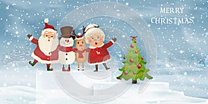 Merry Christmas. Happy new year. Santa Claus with Mrs. Claus, Reindeer in Christmas snow scene winter landscape. Mrs