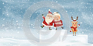 Merry Christmas. Happy new year. Santa Claus with Mrs. Claus, Reindeer in Christmas snow scene winter landscape. Mrs