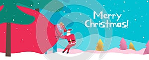 Merry christmas and happy new year . santa claus pulling  huge gift bag from winter forest .  vector