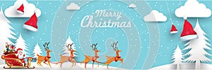 Merry Christmas and Happy New Year.Santa Claus is rides reindeer sleigh with a sack of gifts in Christmas snow scene. vector