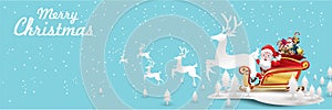 Merry Christmas and Happy New Year.Santa Claus is rides reindeer sleigh with a sack of gifts in Christmas snow scene. vector