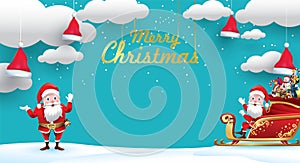 Merry Christmas and Happy New Year.Santa Claus is rides reindeer sleigh with a sack of gifts in Christmas snow scene. vector