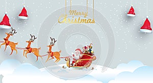 Merry Christmas and Happy New Year.Santa Claus is rides reindeer sleigh with a sack of gifts in Christmas snow scene. vector