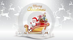 Merry Christmas and Happy New Year.Santa Claus is rides reindeer sleigh with a sack of gifts in Christmas snow scene. vector