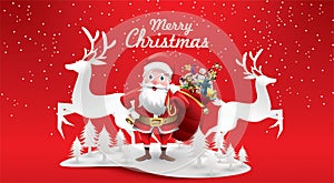 Merry Christmas and Happy New Year.Santa Claus`s reindeer with a sack of gifts in Christmas snow scene. vector illustration