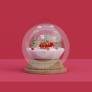 Merry Christmas and Happy New Year, Santa Claus with sleigh and reindeer in a snow globe