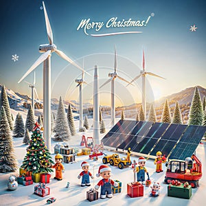 Merry Christmas and Happy New Year! Santa Claus, snowman, Christmas tree, gifts, snowman, xmas train, windmills, generative ai