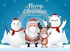 Merry Christmas and Happy New Year with Santa gang wearing surgical mask