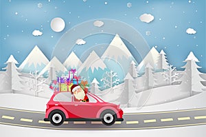 Merry Christmas and Happy New Year. santa with red car and gift