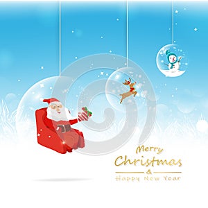Merry Christmas and happy new year, Santa, reindeer and snowman glossy ball hanging, decoration greeting card, snowflakes and