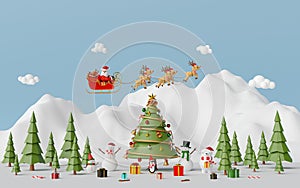 Merry Christmas and Happy New Year, Scene of Christmas celebration with Santa Claus and friend at the snow mountain