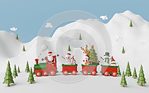 Merry Christmas and Happy New Year, Scene of Christmas train with Santa Claus and friend at the snow mountain