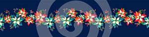 Merry Christmas and Happy New Year seamless long border pattern background with cute poinsettia flower, leaf and elderberry fruits