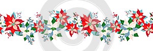 Merry Christmas and Happy New Year seamless long border pattern decoration background with cute poinsettia flower, leaf and