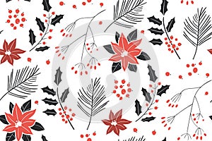 Merry Christmas, Happy New Year seamless pattern with fir cone, holly leaves and berries for greeting cards, wrapping
