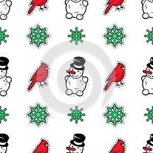 Merry Christmas and Happy New Year Seamless Pattern with Snowman and Birds. Winter Holidays Wrapping Paper