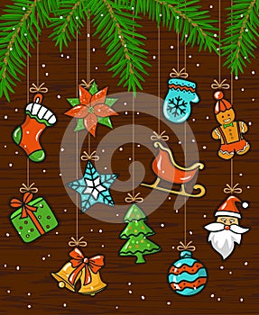 Merry Christmas and Happy New Year seasonal winter card background with hanging ropes garlands with xmas decoration elements