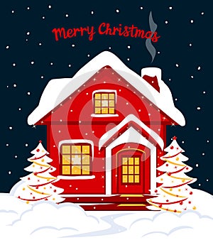 Merry Christmas and Happy New Year seasonal winter card template with red xmas house in snow
