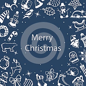 Merry Christmas and Happy New Year, seasonal, winter greeting frame card with decoration xmas objects