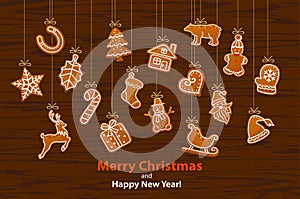 Merry Christmas and Happy New Year seasonal winter hanging rope garland with gingerbread cookies