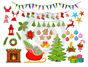 Merry Christmas and Happy New Year, seasonal, winter xmas decoration items set