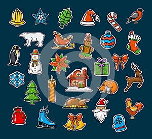 Merry Christmas and Happy New Year, seasonal, winter xmas decoration stickers set