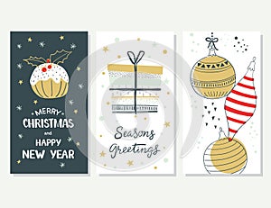 Merry Christmas and Happy New Year. Set of Christmas cards
