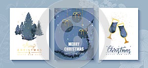 Merry Christmas and happy new year. Set of creative cards with watercolor texture and golden sparkles. Modern vector