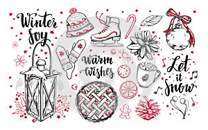 Merry Christmas and Happy New Year set. Vector hand drawn winter elements and Modern brushpen Calligraphy. Winter Joy. Let it snow