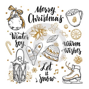 Merry Christmas and Happy New Year set. Vector hand drawn winter elements and Modern brushpen Calligraphy. Winter Joy. Let it snow