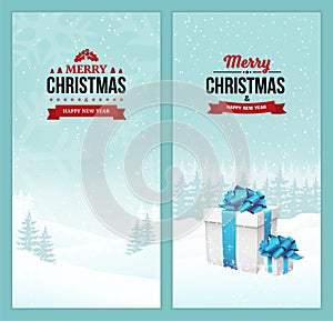 Merry Christmas and Happy New Year set of vertical banners with vintage badges on the holiday winter scene landscape background.