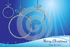 Merry Christmas and Happy New Year. Silver glittering balls. Holiday background. Decorative design for card, banner, greeting, vin