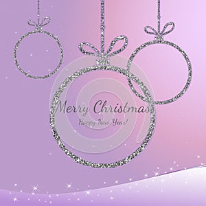 Merry Christmas and Happy New Year. Silver glittering balls. Holiday background.Decorative design for card, banner, greeting, vint