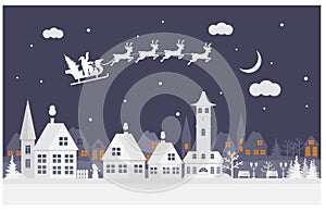 Merry Christmas and happy new year. A small town with Santa in the sky on a sleigh with deer. Paper art in digital style. Vector