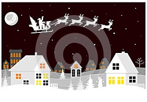 Merry Christmas and happy new year. A small town with Santa in the sky on a sleigh with deer. Paper art in digital style. Vector