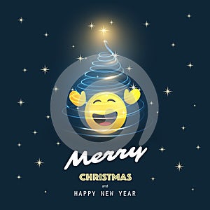Merry Christmas and Happy New Year! -  Smiling Emoji with Christmas Tree - Card with Simple Shiny Happy Emoticon