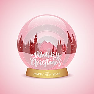 Merry Christmas and Happy New Year. Snow globe with winter mountains landscape.