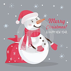 Merry Christmas and Happy New Year!  Snowman wearing a red knitted scarf and a Santa Claus hat. Nearby is a bag with gifts. Symbol