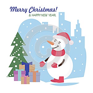 Merry Christmas and Happy New Year! Snowman wearing a red knitted scarf and a Santa Claus hat. Nearby is a bag with gifts. Symbol