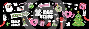 Merry Christmas and Happy New year stickers in trendy groovy retro cartoon style.