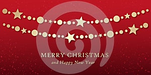 merry christmas and happy new year, string of star beads, christmas card, gold decorative garland on red background