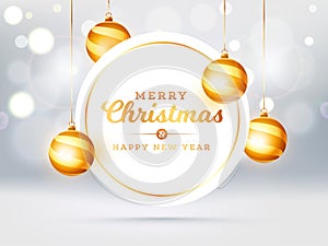 Merry Christmas & Happy New Year text in circular frame with hanging baubles.