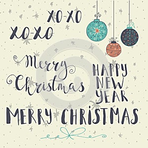 Merry Christmas, Happy new year text label on a winter background with snow and snowflakes.