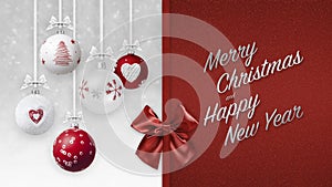 Merry Christmas and happy new year text with red shiny ribbon bow, decorative glitter tree balls hanging on bokeh lights and snow