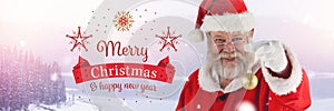 Merry Christmas Happy New Year text and Santa Claus in Winter with Christmas bauble decoration