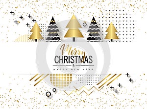 Merry Christmas and Happy New Year. Trendy background with Golden trees and geometric designs . Poster, card, label, banner design