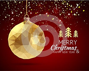 Merry Christmas Happy New Year trendy triangular gold xmas ball shape in hipster origami style.
